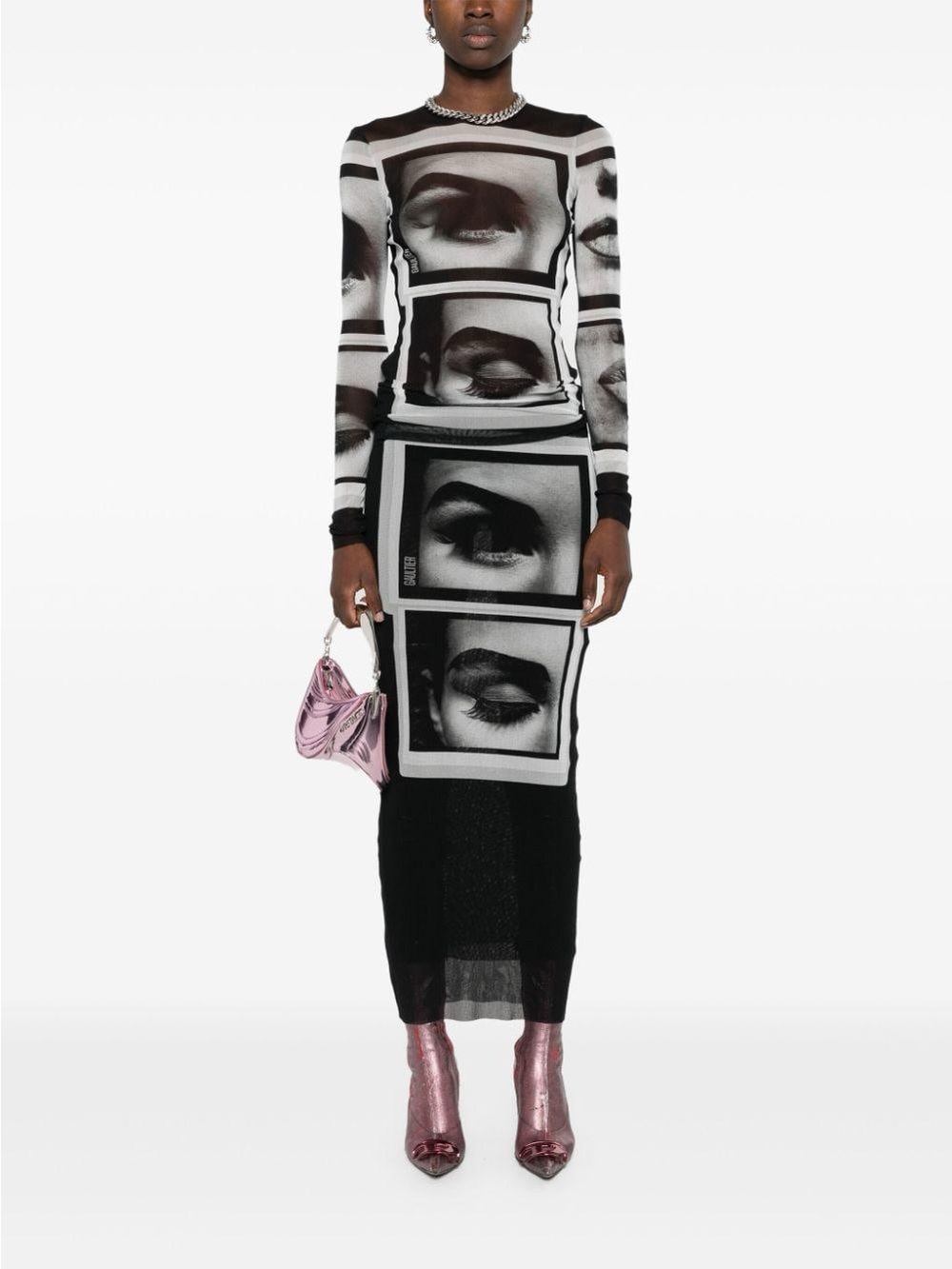 Jean Paul Gaultier Black & White Long-Sleeve Mesh Top + Skirt Set